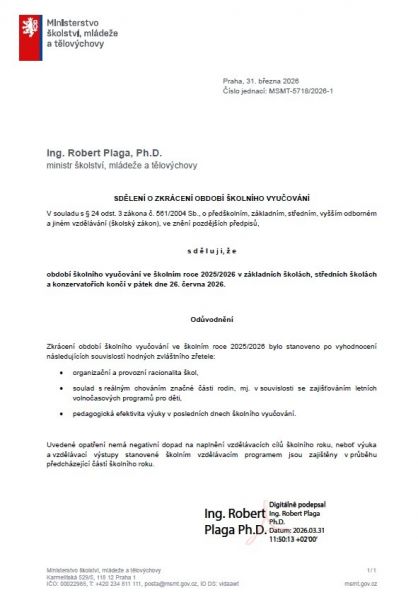 Změna v harmonogramu školního roku